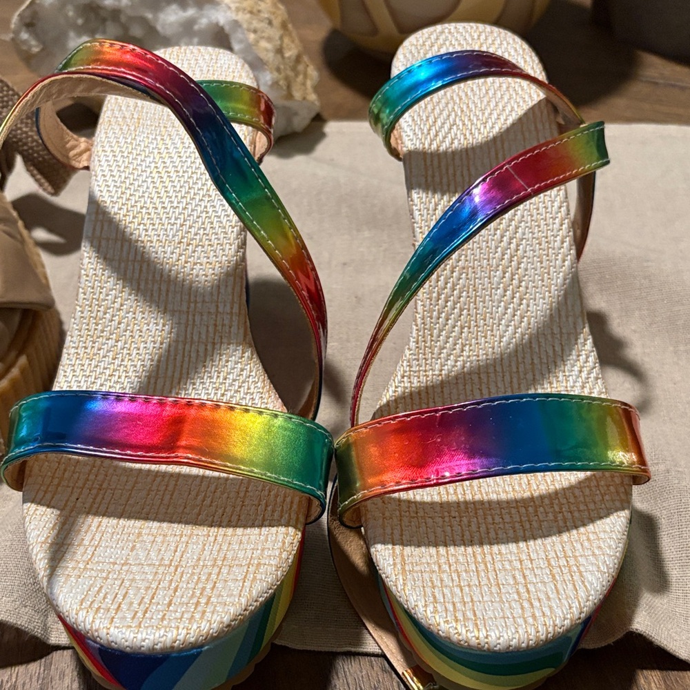 Women’s Rainbow Metallic Strappy Sandals - Multicolor